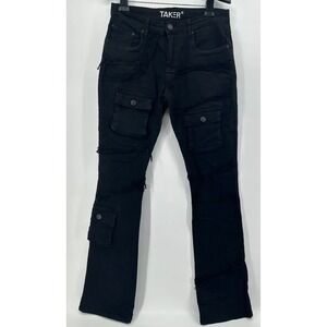 Taker Mens Black Distressed Cargo Denim Jeans Frayed Seam 32x36 Streetwear Slim